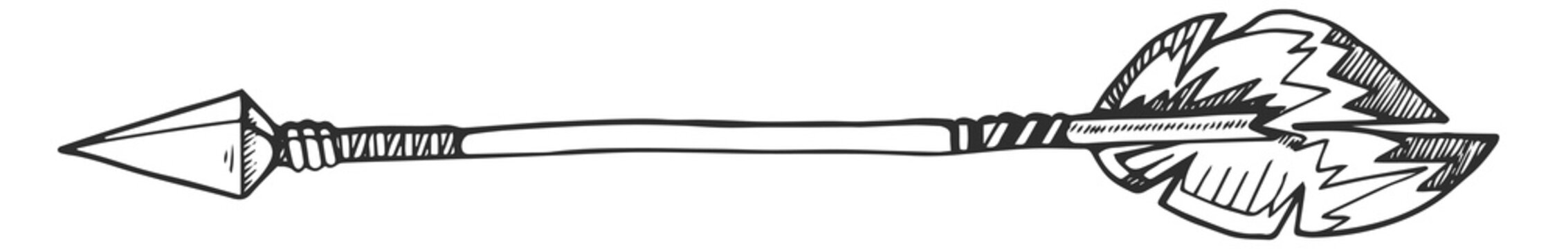 Flying arrow in tribal sketch style. Decorative feather drawing