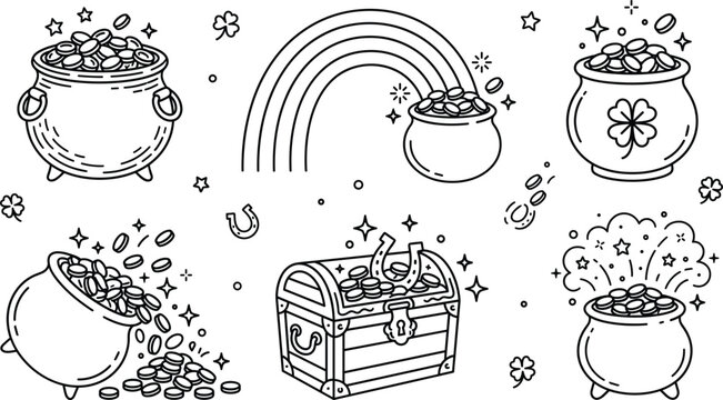 Saint Patrick Day pot of gold line art set with rainbow treasure chest for coloring book pages decoration