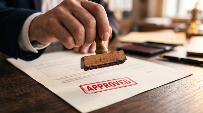 a business person holding a wooden stamp to approve an official document on a wooden desk.