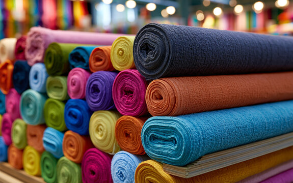 Colorful rolls of fabric on display in a textile store