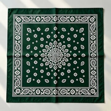 Green bandana with traditional white paisley and floral pattern layout flat