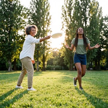 Zwei Frauen spielen Frisbee im Park bei Sonnenuntergang