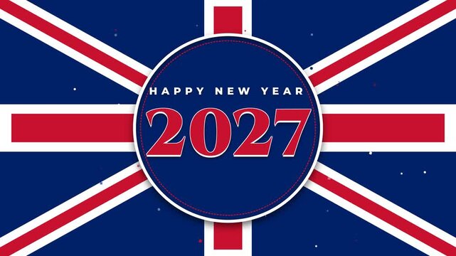 Premium Happy New Year 2027 animation featuring a British UK flag theme, abstract Union Jack geometry, classic typography, and seamless looping motion.