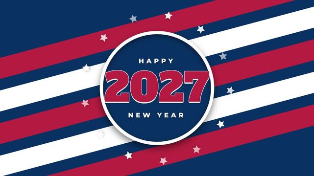 Festive Happy New Year 2027 animation with an Americana theme, featuring orbiting stars, red and white stripes, and vintage typography in a seamless loop.