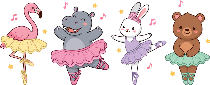 Cute ballerina animals cartoon characters vector collection set featuring pink flamingo happy hippo graceful rabbit and little teddy bear dancing ballet in colorful tutus