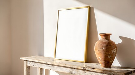 Fototapeta premium Minimalist interior mockup featuring a blank vertical golden picture frame leaning on a rustic wooden table next to an ancient terracotta clay vase against a white wall with sunlight shadows.