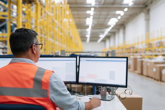 Warehouse worker monitoring stock movements on dual screens, viewed from behind in a bright industrial setting for logistics and inventory software