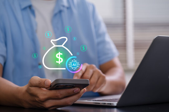 AI investment and financial technology concept with person using a smartphone beside a laptop, money bag and artificial intelligence chip icons representing automated finance and digital wealth growth