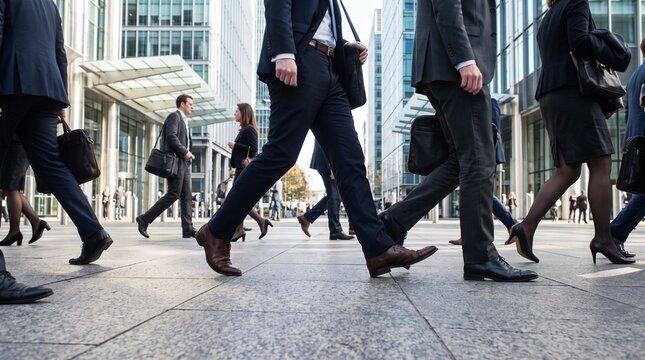 Dynamic low-angle view captures business professionals walking briskly through a modern city, symbolizing the energy of daily commutes and the vibrant urban environment