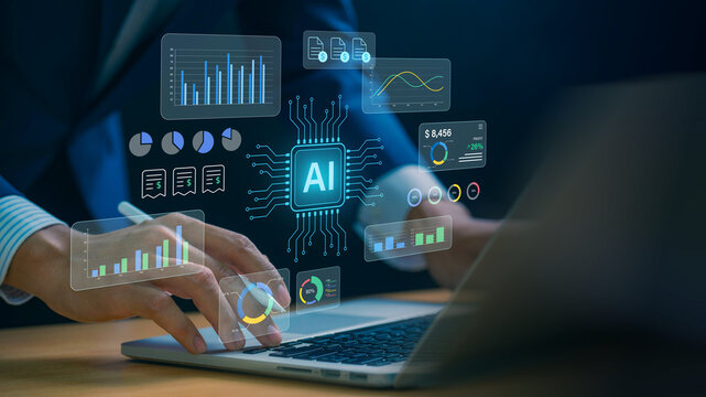 AI investment and data analysis concept with business professionals working on a laptop, artificial intelligence chip, revenue charts and digital dashboards for fintech strategy and profit growth