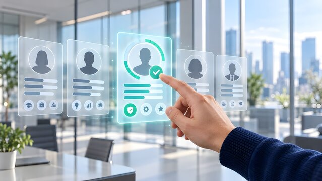 HR manager selecting candidate on futuristic floating digital profile interface visualizing modern talent acquisition and screening
