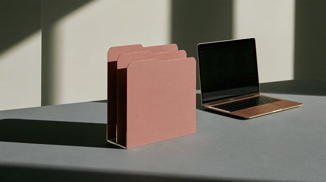 Office folders in a sleek acrylic organizer beside a laptop, featuring smooth matte textures on a grey desk for corporate and HR templates