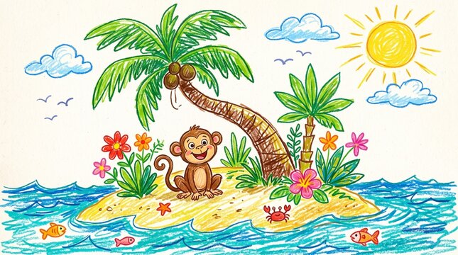 Cute Monkey on Tropical Island Crayon Drawing