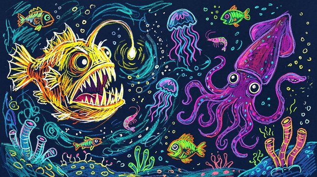 Deep Sea Creatures Crayon Drawing Illustration