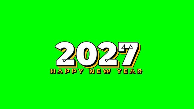 Bold kinetic typography animation for Happy New Year 2027 on a pure green screen background. Features solid edges and hard shadows for perfect chroma key extraction and VFX compositing.