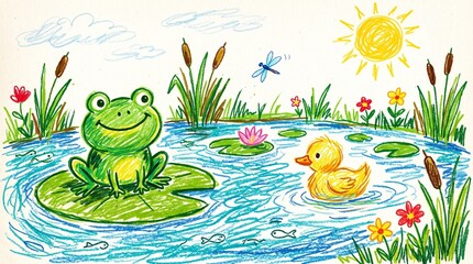 Fototapeta premium Children's Hand Drawn Crayon Illustration of Frog and Duckling in Pond