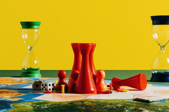 Board games with glossy red pieces and dice on a hexagonal map, featuring an hourglass timer and copy space for family leisure content