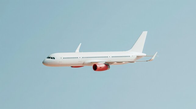 Airplane in flight with landing gear down, featuring a smooth unmarked fuselage and glowing engine nacelles for travel and airline compositing
