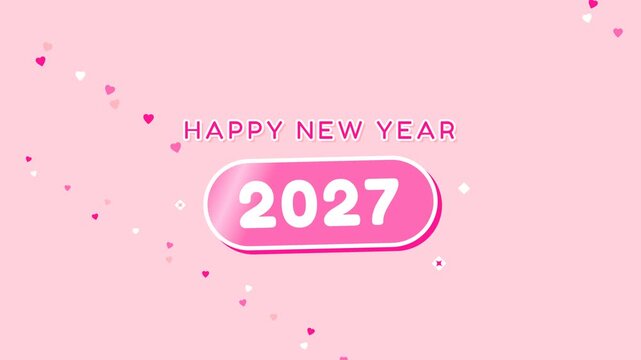 Adorable and girly Happy New Year 2027 animation featuring bubbly typography, floating hearts, soft pastel pink theme, and jelly bounce physics in a seamless loop.
