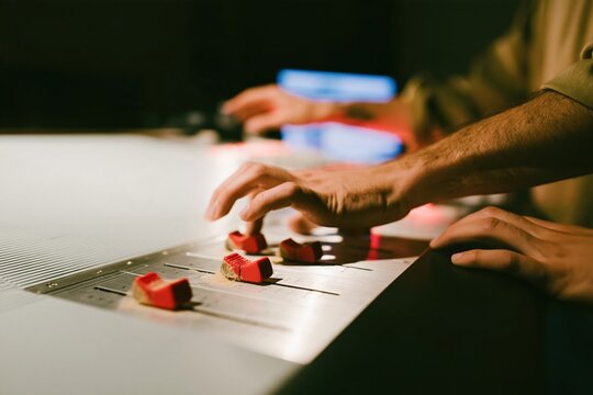 Sound engineer hands adjusting red faders on a mixing console, featuring a brushed metal surface in a recording studio for music production