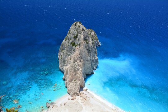 Zakynthos island in Greece. Beautiful landscape Mizithres rock formation in Ionian sea. Turquoise water.