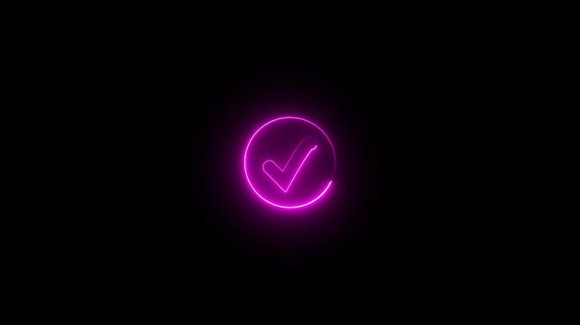 Glowing neon pink color checkmark sign icon animation circle tick accept done right confirm ok yes verify success sign symbol on black background	