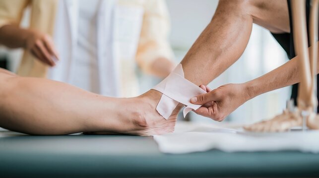 Physical therapy session with kinesiology tape being applied to a patient's ankle on a soft teal table for sports injury rehabilitation
