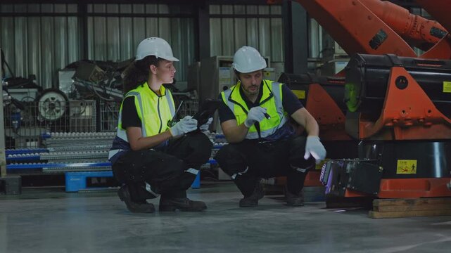 Industrial robot inspection, factory maintenance, machinery automation, industry engineer and technician safety team reviewing industrial equipment with cautious maintenance procedures and workplace