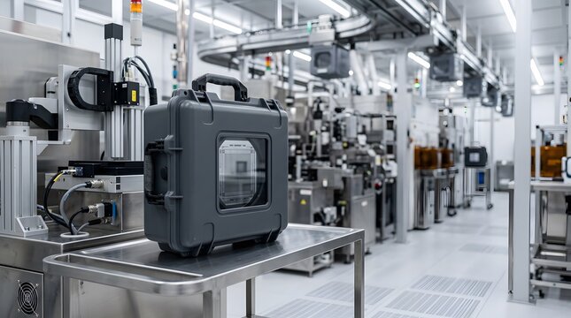 semiconductor reticle storage pod with protective enclosure in advanced cleanroom manufacturing facility for precision chip production and contamination control