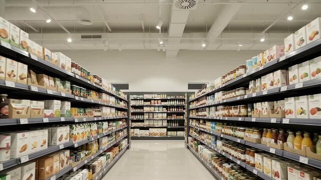 Brightly lit grocery aisle with neatly stocked shelves. Product variety includes jars, boxes, and bottles of food items. Clean, modern supermarket interior with white ceiling lights