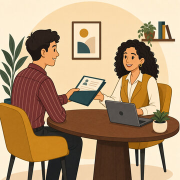 Job interview candidate handing resume folder to recruiter illustration
