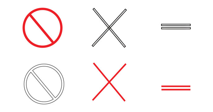Set of prohibition, cross, and equal signs in red and black outline styles, vector illustration of common graphic symbols for user interface and design elements
