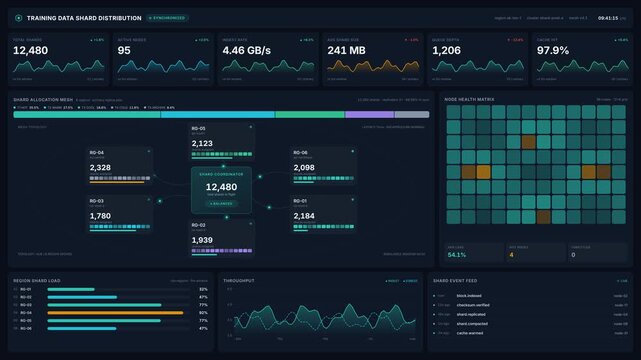 Dashboard interface with training data shard distribution system analytics, for cloud computing, big data processing, network monitoring, artificial intelligence infrastructure