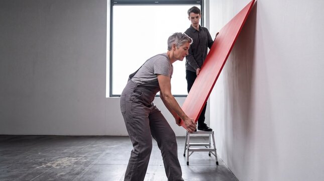 Team montiert rotes Wandpaneel in Ausstellungshalle