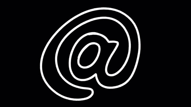 2D Hand Drawn White Outline At Sign Icon Animation Frame by Frame Overlay with Transparent Background Alpha Channel