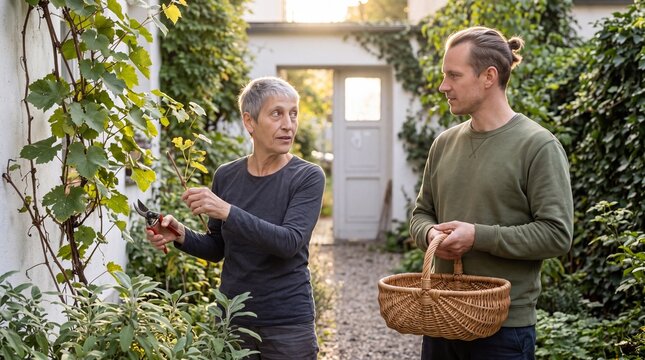 Seniorin beschneidet Weinrebe im Innenhof mit Nachbar