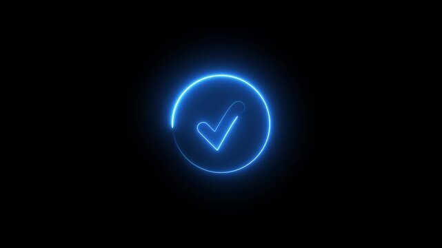 Glowing neon blue color checkmark sign icon animation circle tick accept done right confirm ok yes verify success sign symbol on black background	