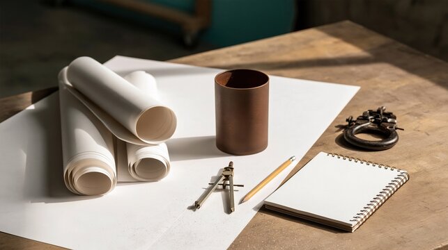 Rolled architectural plans on a timber table with drafting tools and a blank notebook for construction planning and design
