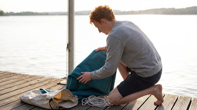 Junger Mann kniet am Steg und faltet Segeltuch am See
