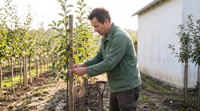 G&auml;rtner bindet jungen Obstbaum mit Bast an Holzpfahl
