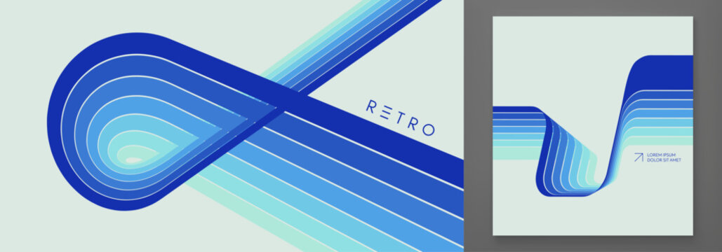 1970s retro-style background. Bright blue stripes. Curved ribbons forming a loop. Dynamic lines creating a sense of movement. Space for text. Vector for a brochure, poster, cover, card or presentation