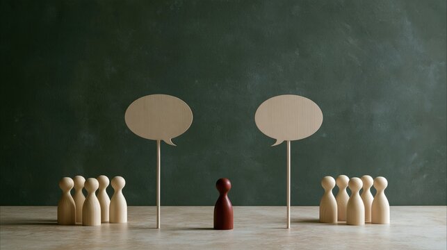 Red wooden figure standing alone between two groups of pale figures with blank speech bubbles, for exclusion and loneliness concepts