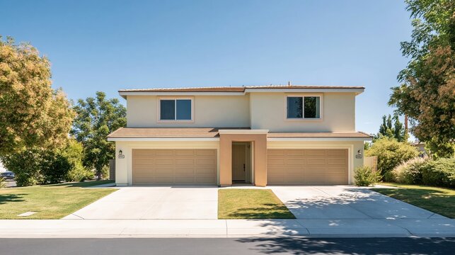 Symmetrical two-story duplex with a sage green facade, smooth stucco walls and manicured lawns for residential development and real estate sales