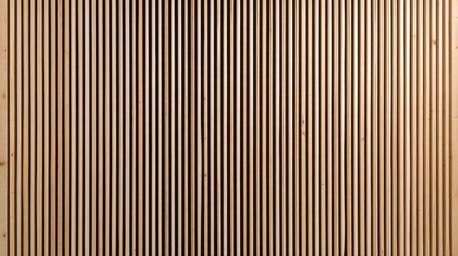 Wooden slat wall paneling with a tactile vertical grain and soft yellow tones for interior design and acoustic material presentations