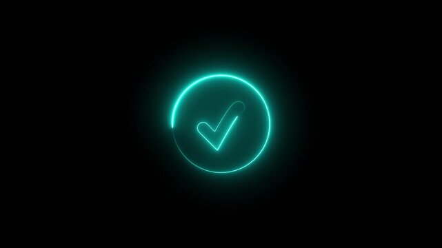 Glowing neon cyan color checkmark sign icon animation circle tick accept done right confirm ok yes verify success sign symbol on black background	