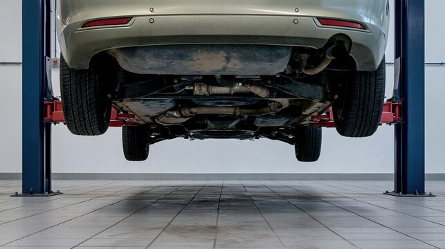 Car raised on a hydraulic lift with its underbody, exhaust and tires exposed for a mechanical inspection in a clean service center