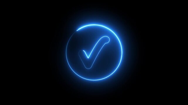 Glowing neon blue color checkmark sign icon animation circle tick accept done right confirm ok yes verify success sign symbol on black background	