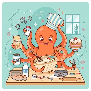 Cute Cartoon Octopus Chef Multitasking and Baking a Cake in Kitchen Illustration
