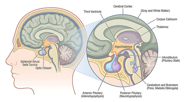 Detailed Anatomical Illustration of the Human Brain and Pituitary Gland System Showing Hormonal Control Centers