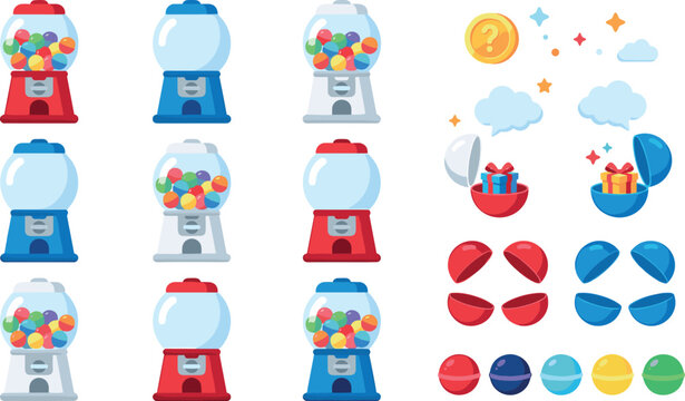 Colorful gumball machines set, vibrant toy capsules with mystery prizes, candy dispensers, coins and floating clouds.